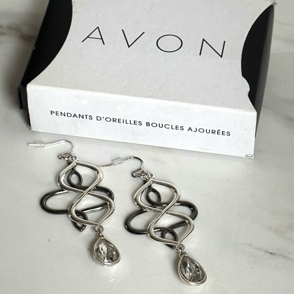 Avon Two-Tone Silver Crystal Teardrop Statement Dangle Earrings 3" NIB